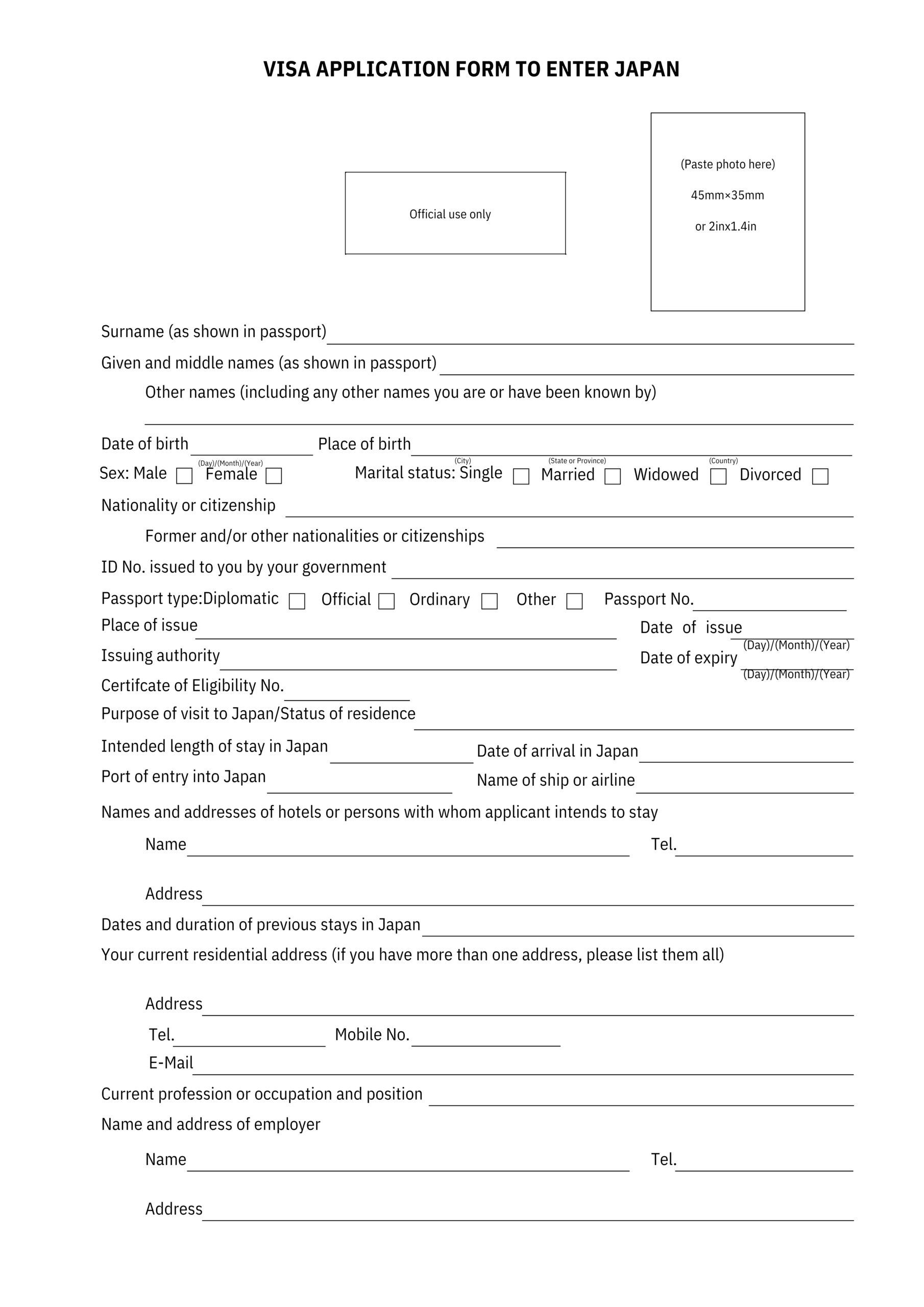 Tờ khai xin Visa Nhật Bản